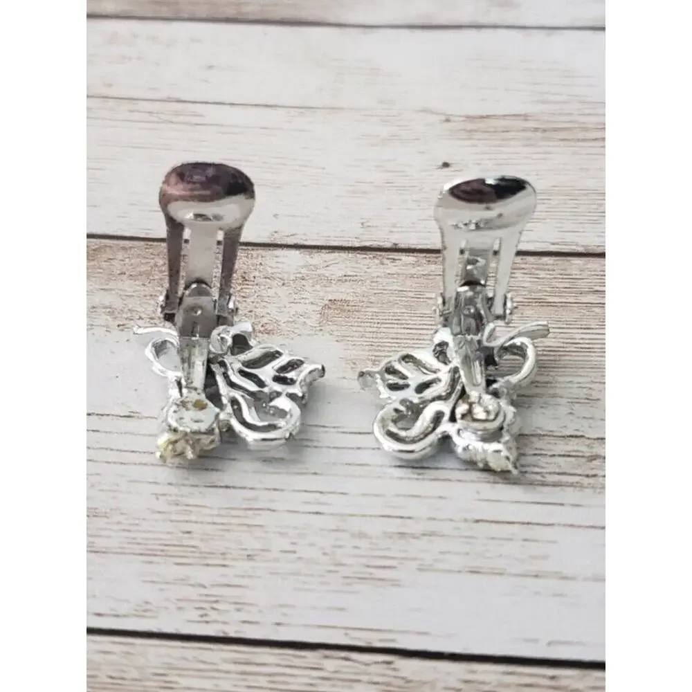 Vintage Clip On Earrings Bouquet Style Silver Tone & Clear Gems